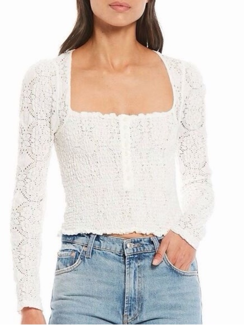 Free People White Lace Square-Neck Smocked Long-Sleeve Top